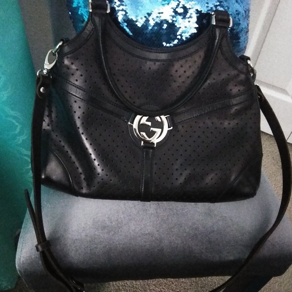 Gucci Black Perforated Leather Reins Hobo Handbag